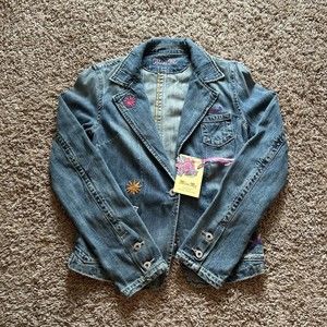 Miss Me Embroidered Distressed Crop Jean Denim Jacket Womens sz L One Button